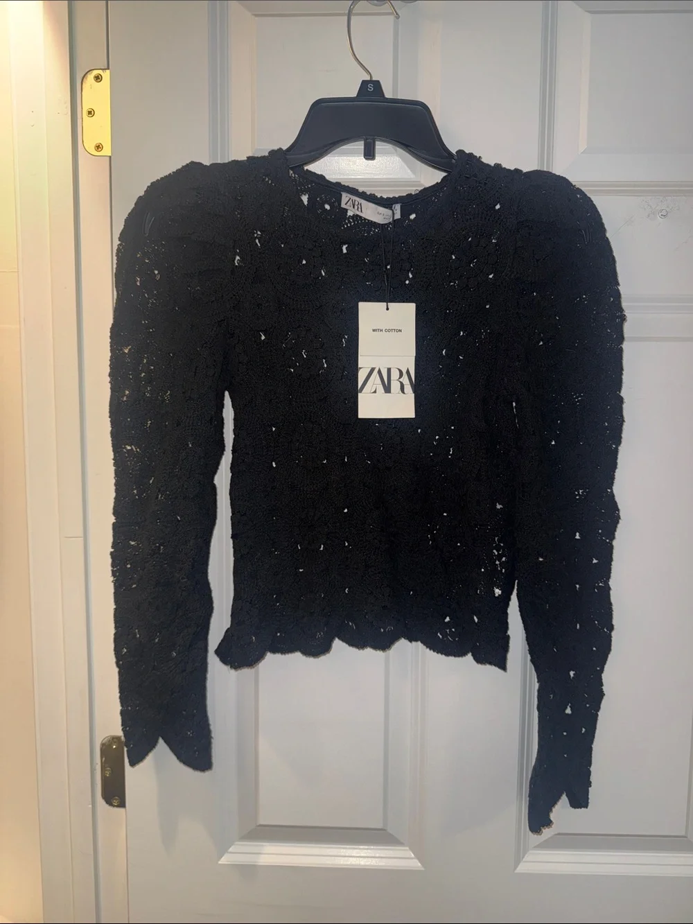 Zara Black Crochet Puff-Sleeve Top